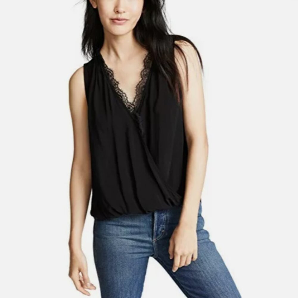 NWOT Velvet Graham Spencer Black Sleeveless Lace Trim Belia Blouse Sz Small